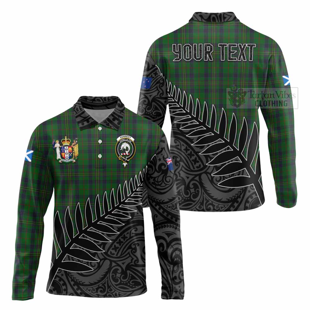 Tartan Vibes Clothing Kennedy Crest Tartan Long Sleeve Polo Shirt with New Zealand Silver Fern Half Style