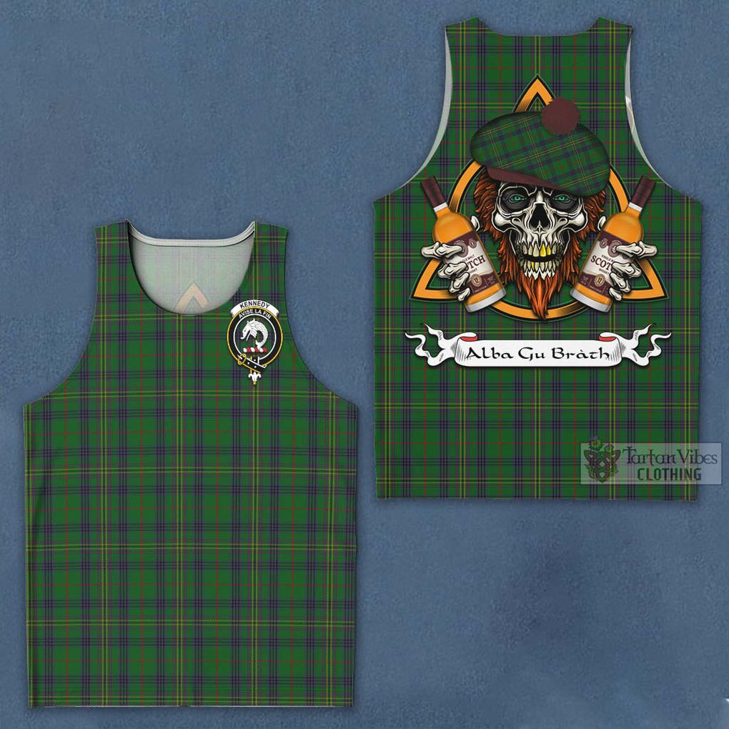 Tartan Vibes Clothing Kennedy Tartan Men's Tank Top with Family Crest and Bearded Skull Holding Bottles of Whiskey