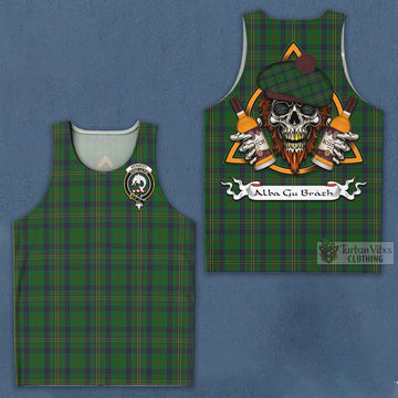 Kennedy Tartan Men's Tank Top with Family Crest and Bearded Skull Holding Bottles of Whiskey