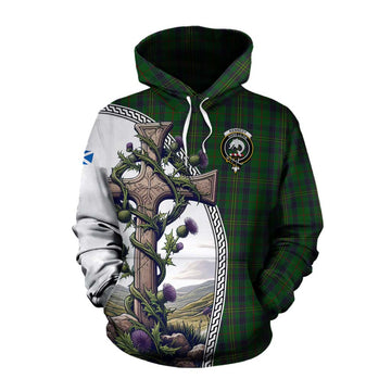 Kennedy Tartan Cotton Hoodie with Family Crest and St. Andrew's Cross Accented by Thistle Vines Pullover Hoodie XS - Tartan Vibes Clothing