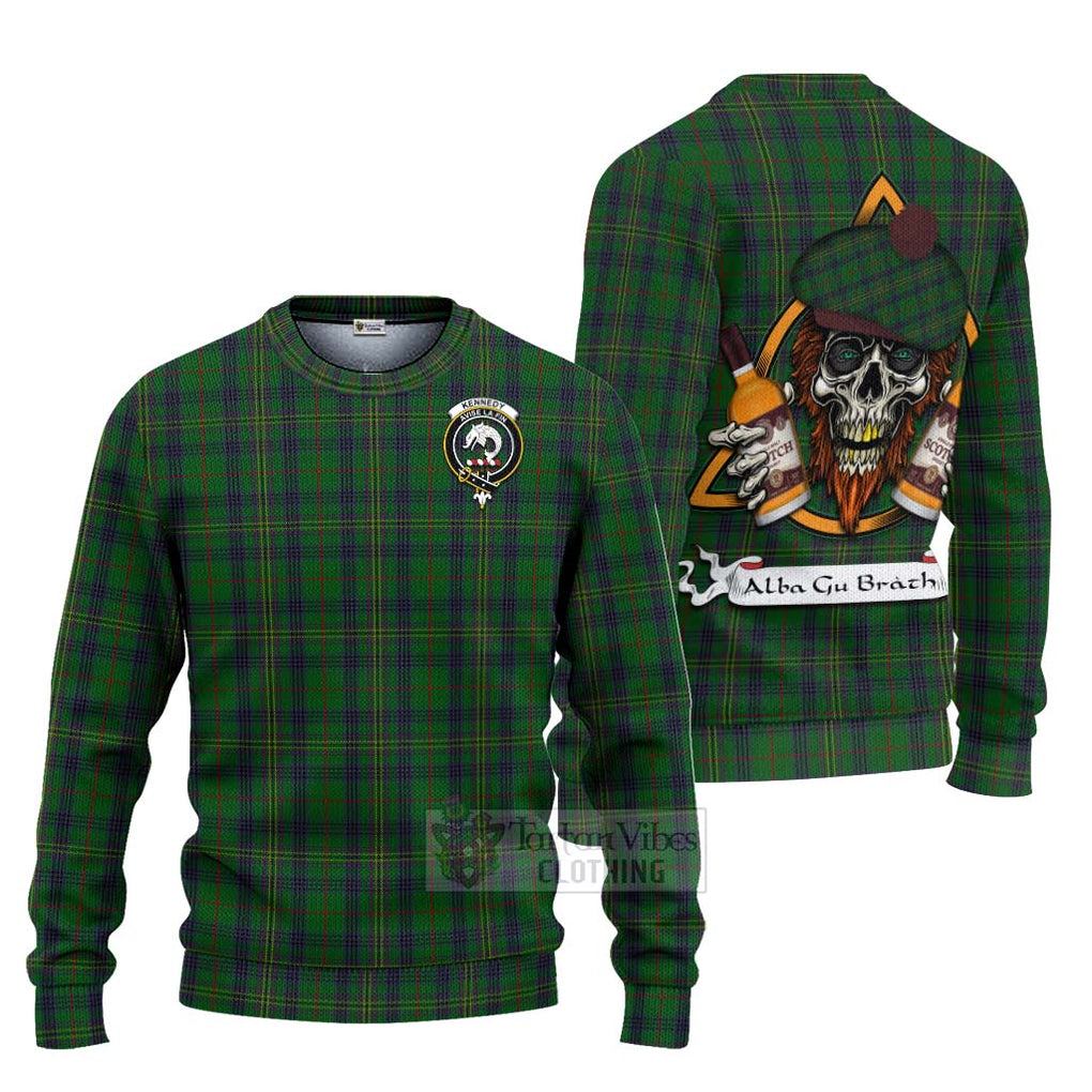 Tartan Vibes Clothing Kennedy Tartan Knitted Sweater with Family Crest and Bearded Skull Holding Bottles of Whiskey