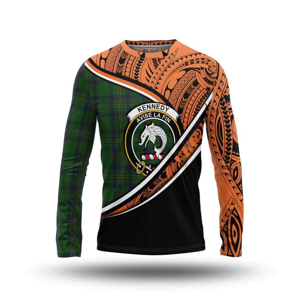 Tartan Vibes Clothing Kennedy Crest Tartan Long Sleeve T-Shirt with Maori Tattoo Style - Orange Version