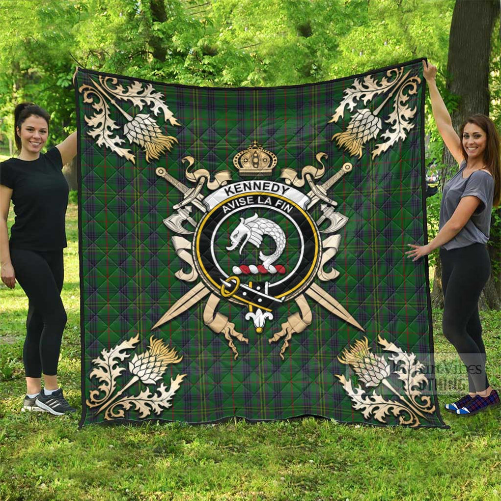 Tartan Vibes Clothing Kennedy Tartan Quilt with Family Crest and Scottish Golden Courage Shield