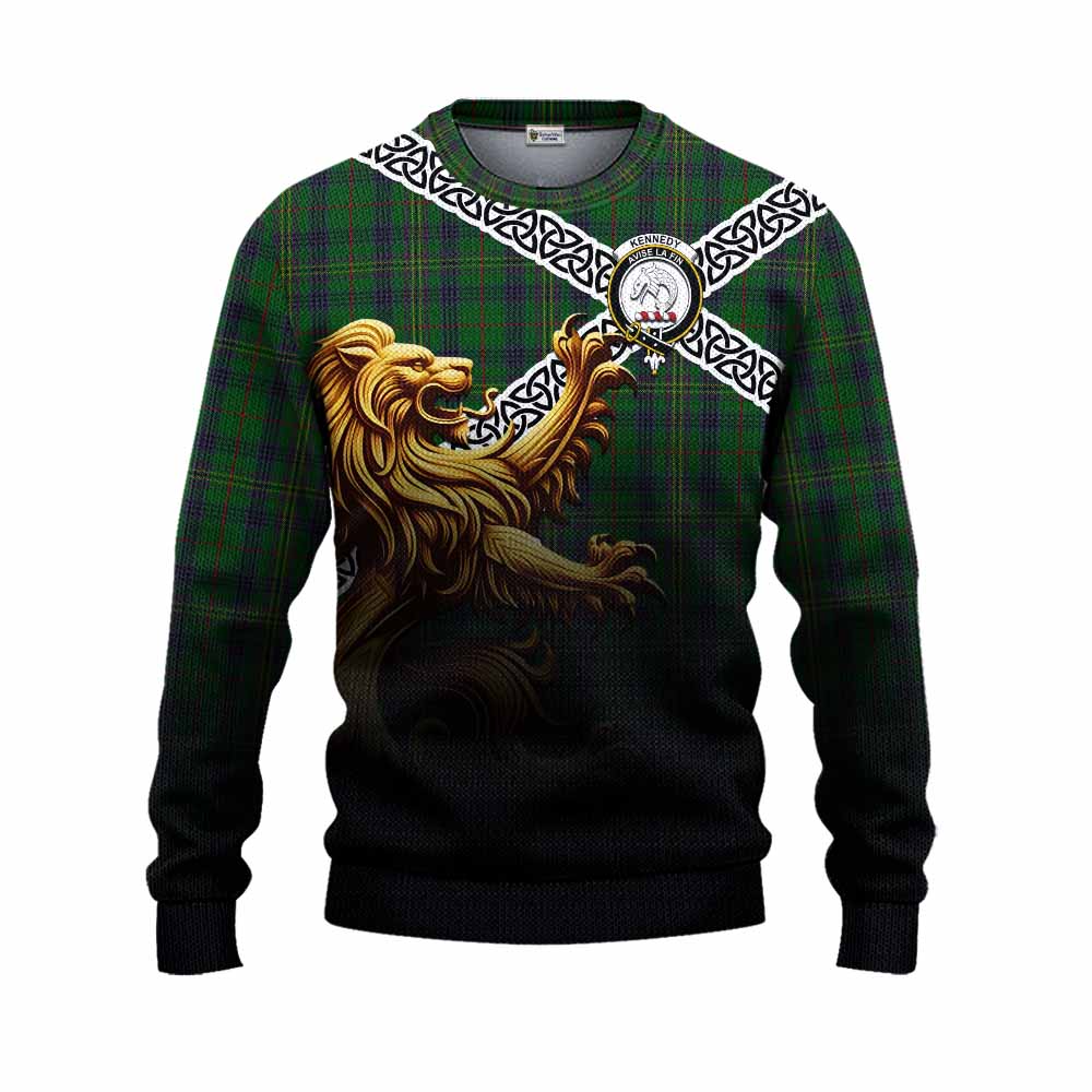 Kennedy Crest Tartan Knitted Sweater with Golden Lion Emblem Celtic Style Unisex - Tartan Vibes Clothing