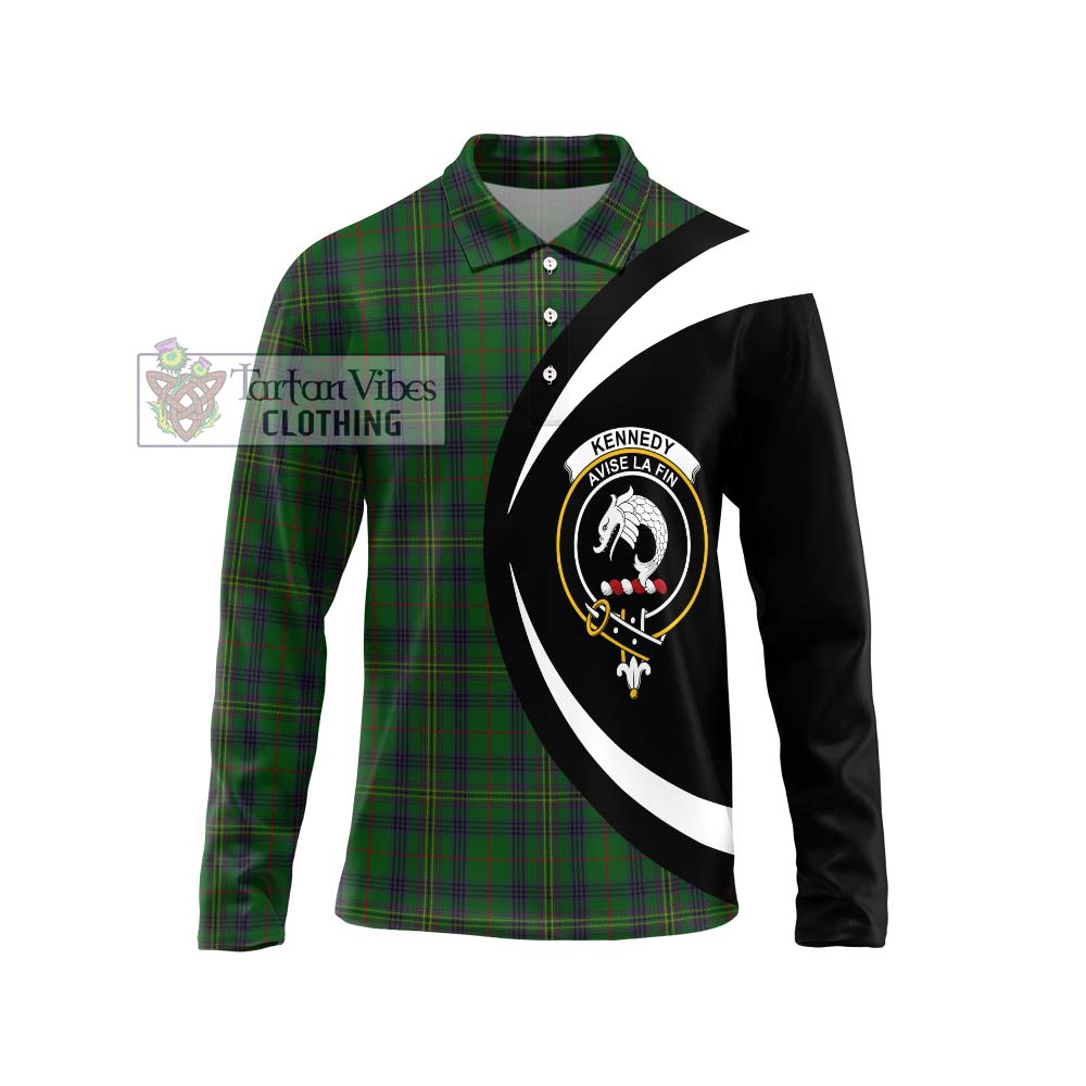 Kennedy Tartan Long Sleeve Polo Shirt with Family Crest Circle Style Unisex - Tartan Vibes Clothing