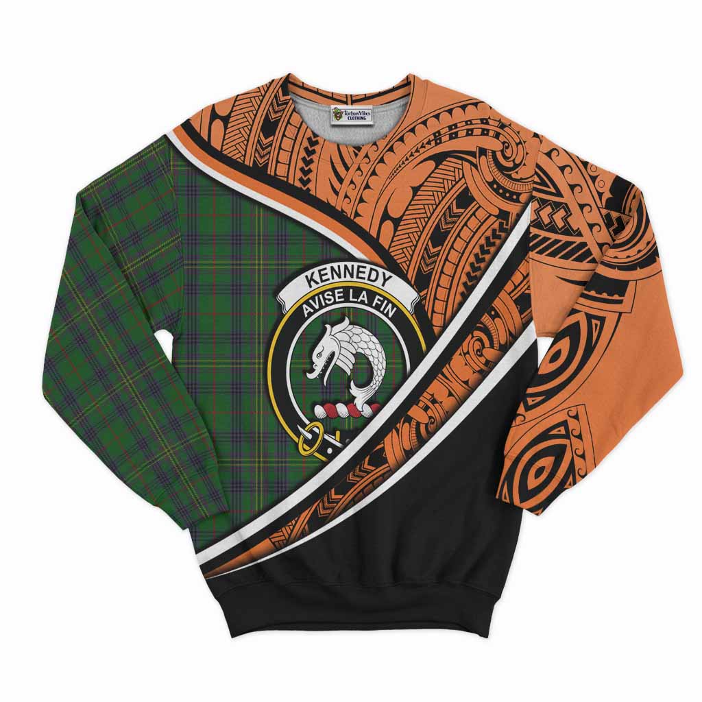 Tartan Vibes Clothing Kennedy Crest Tartan Sweatshirt with Maori Tattoo Style - Orange Version