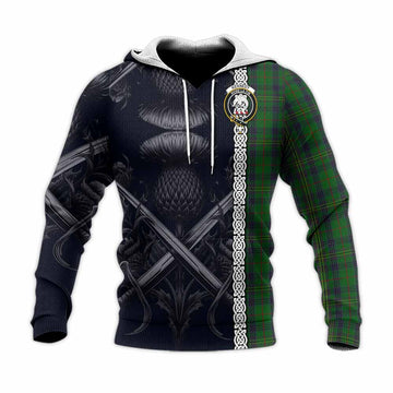 Kennedy Tartan Knitted Hoodie with Family Crest Cross Sword Thistle Celtic Vibes