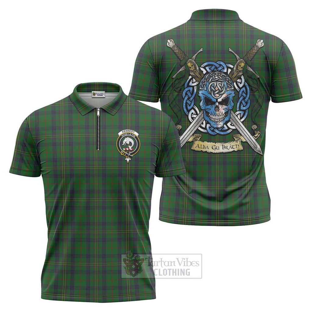 Tartan Vibes Clothing Kennedy Tartan Zipper Polo Shirt with Family Crest Celtic Skull Style