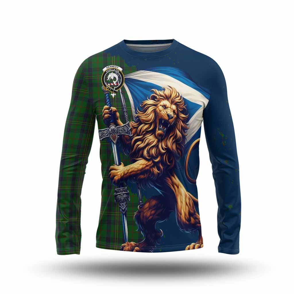 Tartan Vibes Clothing Kennedy Tartan Family Crest Long Sleeve T-Shirt with Scottish Majestic Lion