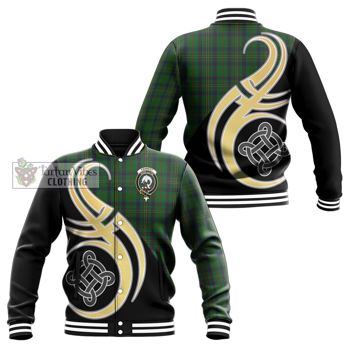 Kennedy Tartan Baseball Jacket with Family Crest and Celtic Symbol Style Unisex - Tartan Vibes Clothing