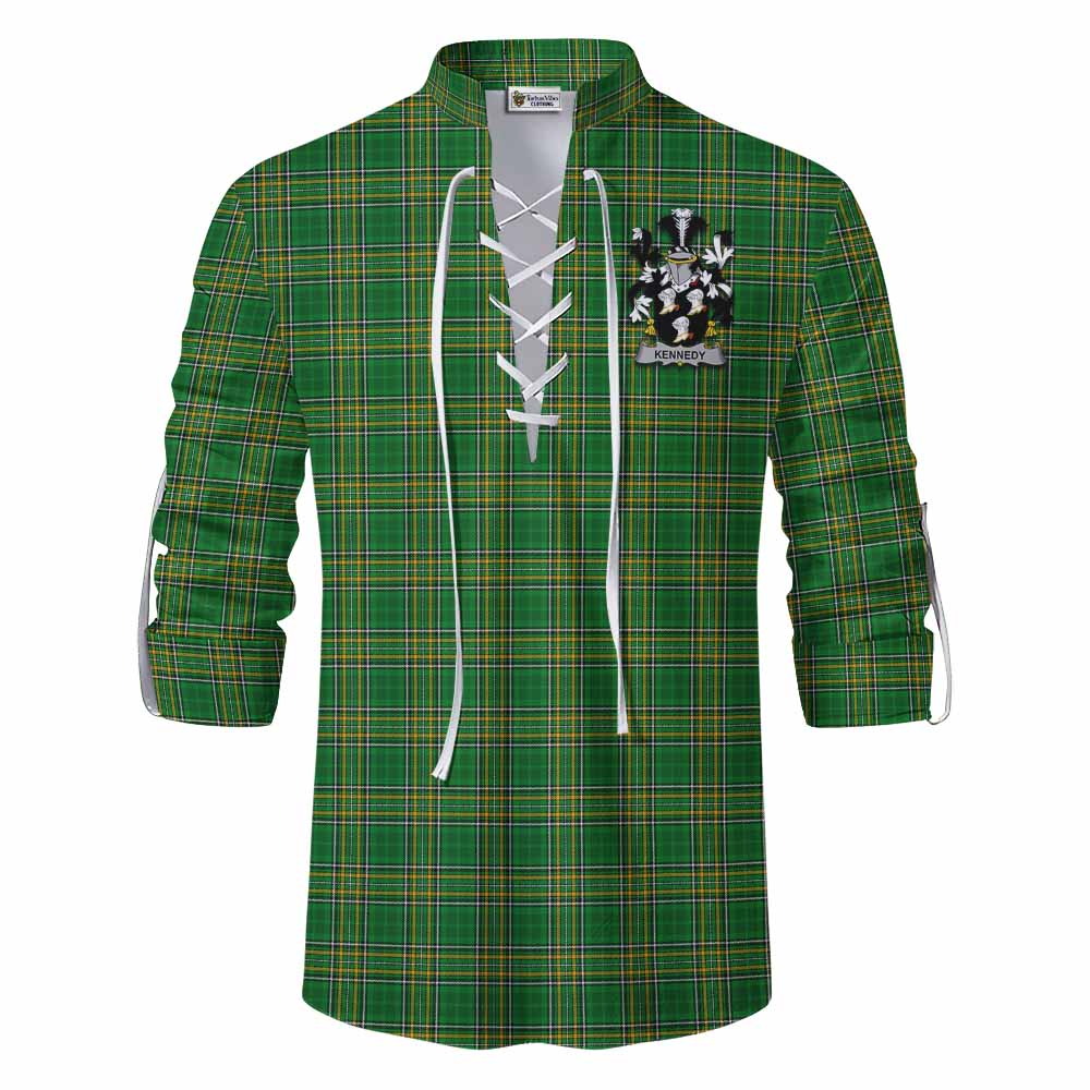 Tartan Vibes Clothing Kennedy Irish Clan Tartan Ghillie Kilt Shirt with Coat of Arms