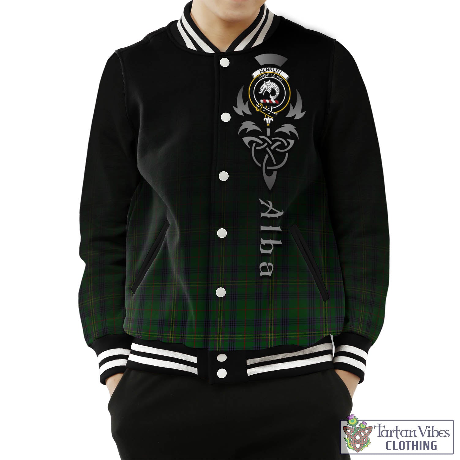 Tartan Vibes Clothing Kennedy Tartan Baseball Jacket Featuring Alba Gu Brath Family Crest Celtic Inspired