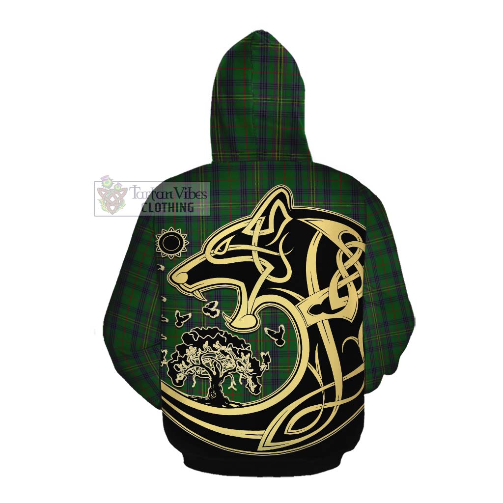 Tartan Vibes Clothing Kennedy Tartan Cotton Hoodie with Family Crest Celtic Wolf Style