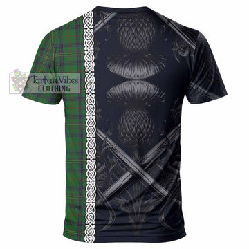 Kennedy Tartan T-Shirt with Family Crest Cross Sword Thistle Celtic Vibes