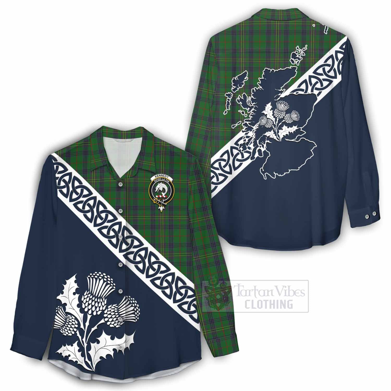 Tartan Vibes Clothing Kennedy Tartan Women's Casual Shirt Featuring Thistle and Scotland Map