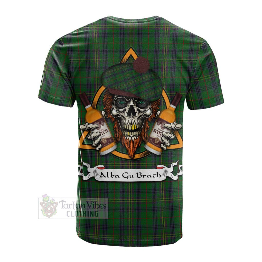 Tartan Vibes Clothing Kennedy Tartan Cotton T-shirt with Family Crest and Bearded Skull Holding Bottles of Whiskey