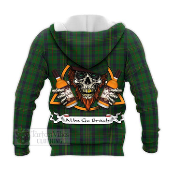 Kennedy Tartan Knitted Hoodie with Family Crest and Bearded Skull Holding Bottles of Whiskey