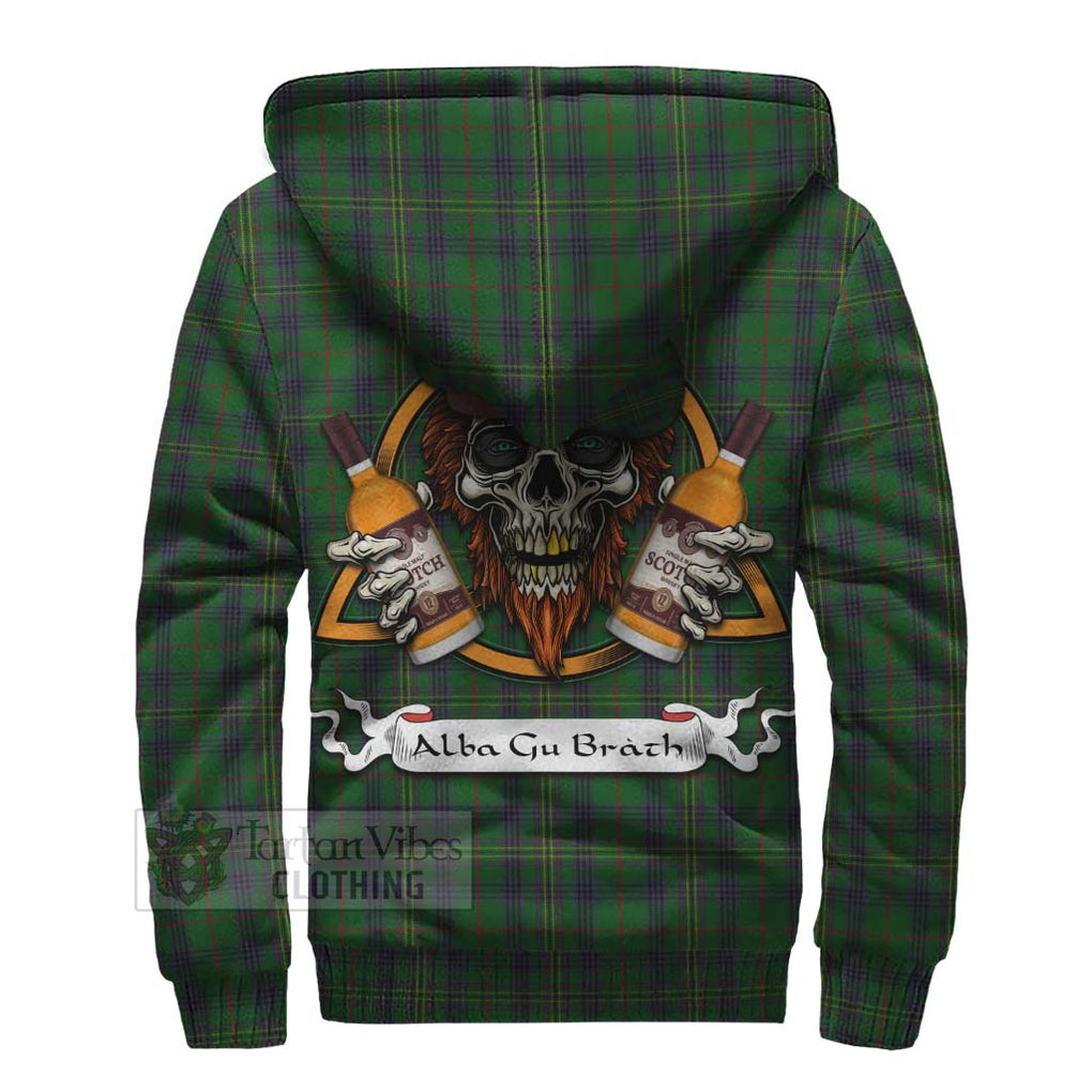 Tartan Vibes Clothing Kennedy Tartan Sherpa Hoodie with Family Crest and Bearded Skull Holding Bottles of Whiskey