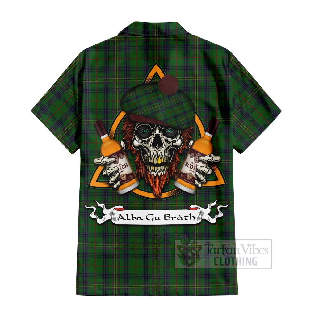 Tartan Vibes Clothing Kennedy Tartan Short Sleeve Button Shirt with Family Crest and Bearded Skull Holding Bottles of Whiskey