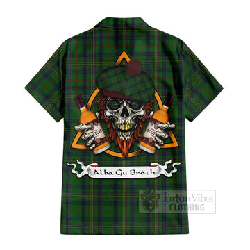 Kennedy Tartan Short Sleeve Button Shirt with Family Crest and Bearded Skull Holding Bottles of Whiskey