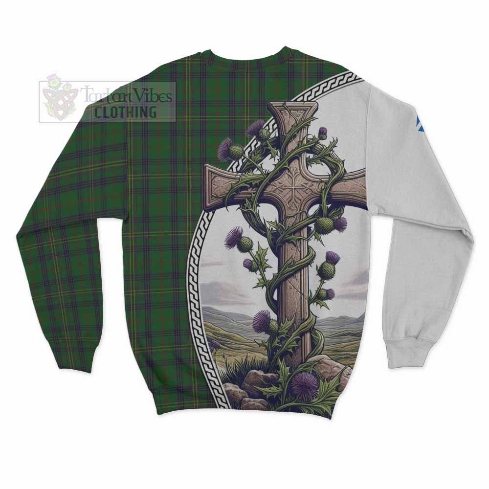 Tartan Vibes Clothing Kennedy Tartan Sweatshirt with Family Crest and St. Andrew's Cross Accented by Thistle Vines