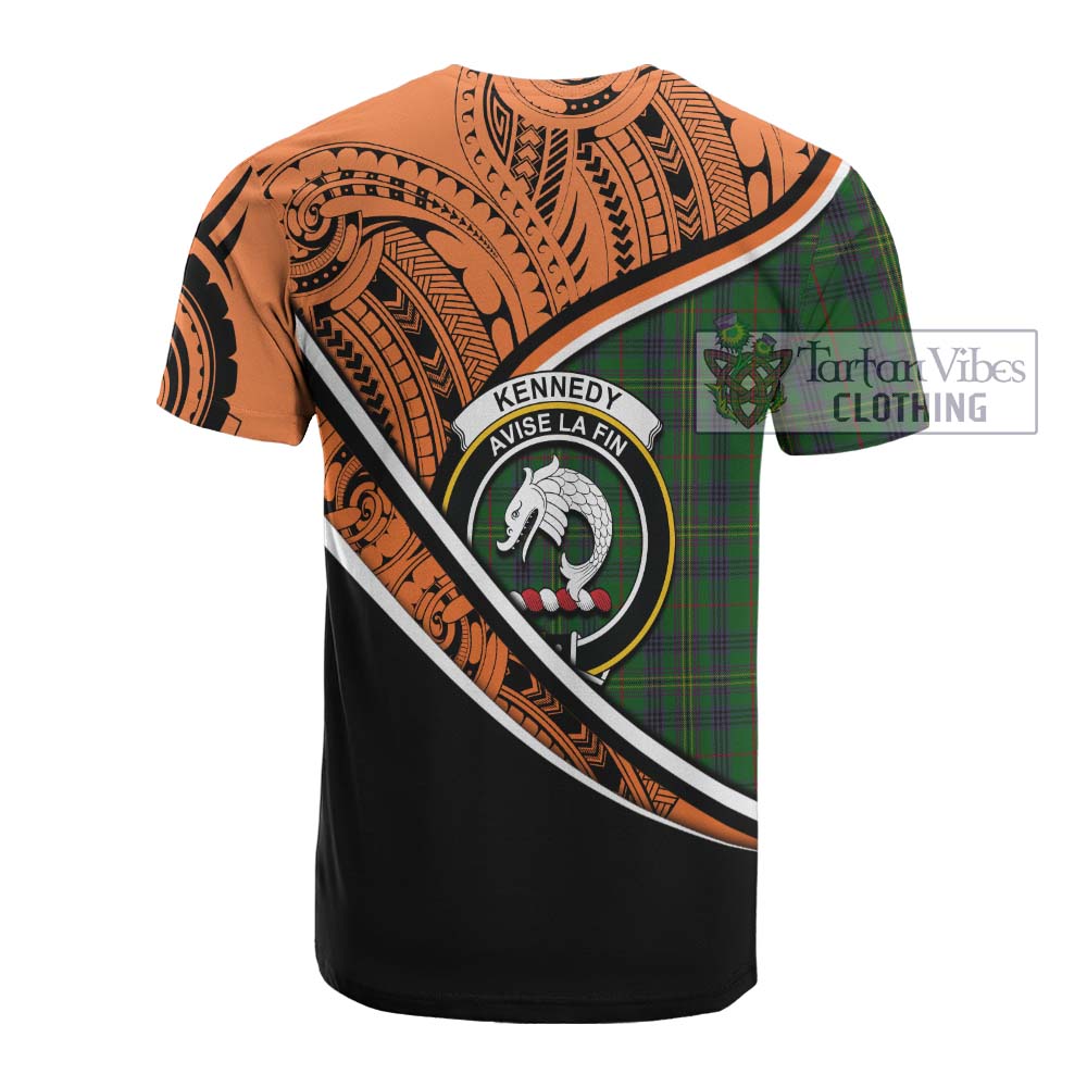 Tartan Vibes Clothing Kennedy Crest Tartan Cotton T-shirt with Maori Tattoo Style - Orange Version