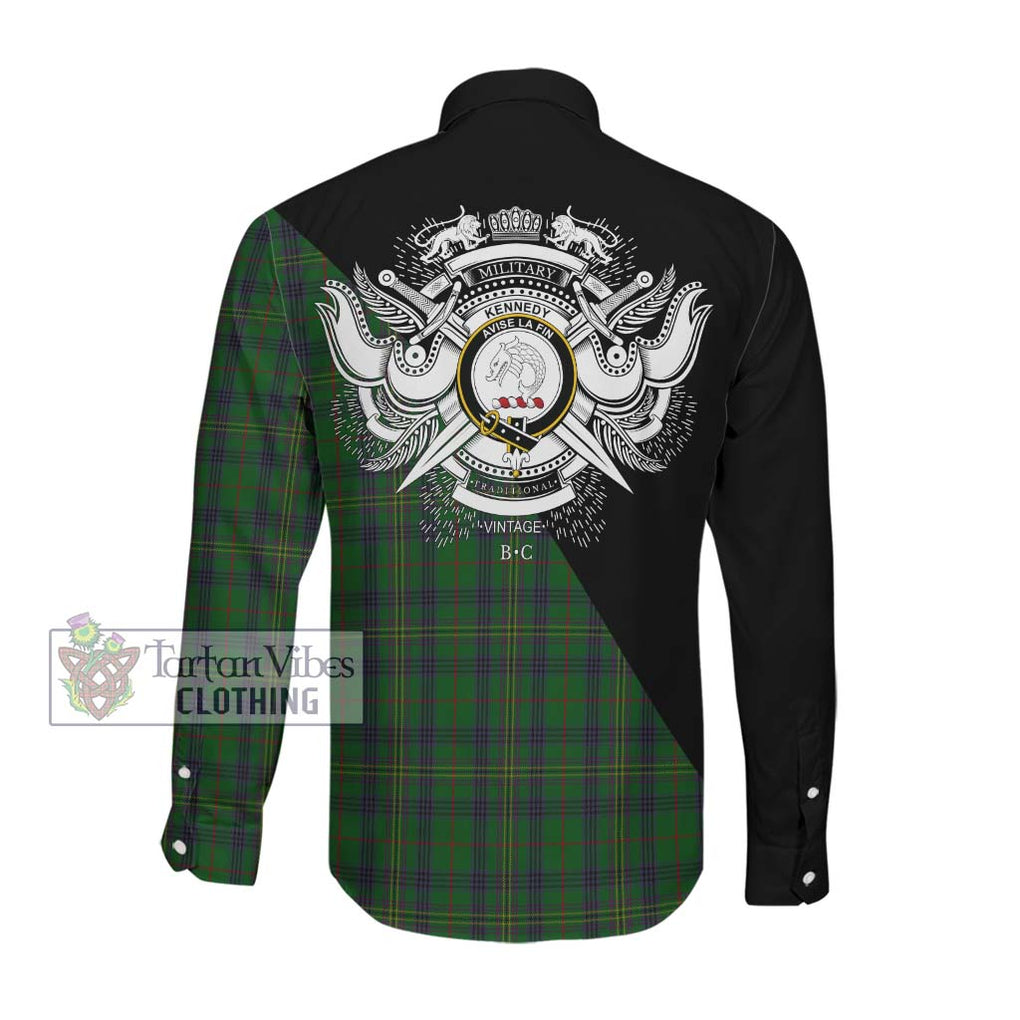 Kennedy Tartan Long Sleeve Button Shirt with Family Crest and Military Logo Style Men's Shirt - Tartanvibesclothing Shop