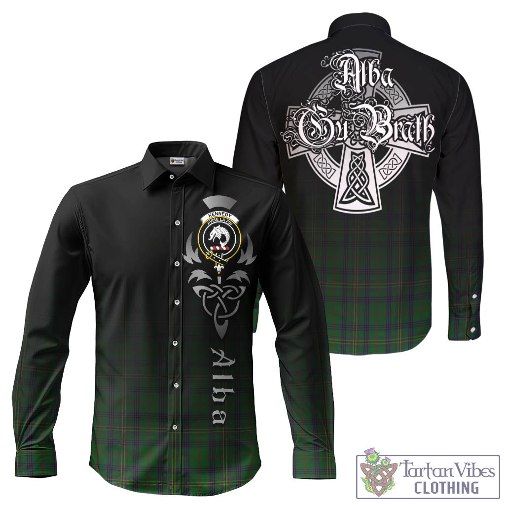 Tartan Vibes Clothing Kennedy Tartan Long Sleeve Button Up Featuring Alba Gu Brath Family Crest Celtic Inspired