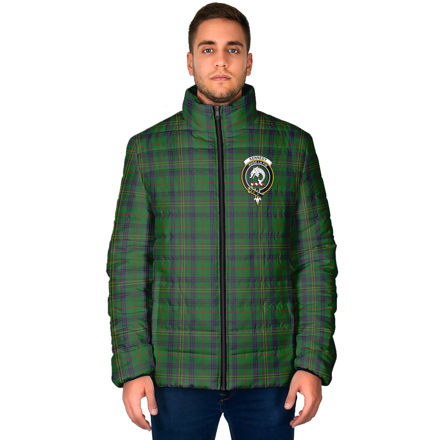 Kennedy Tartan Padded Jacket with Family Crest - Tartan Vibes Clothing