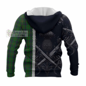 Kennedy Tartan Knitted Hoodie with Family Crest Cross Sword Thistle Celtic Vibes