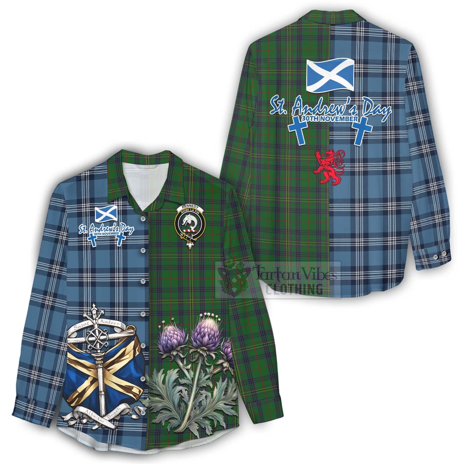 Tartan Vibes Clothing Kennedy Tartan Women's Casual Shirt Happy St. Andrew's Day Half Tartan Style