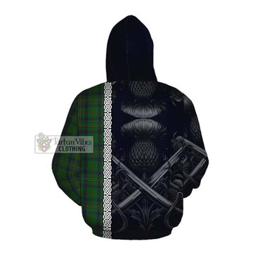 Kennedy Tartan Cotton Hoodie with Family Crest Cross Sword Thistle Celtic Vibes