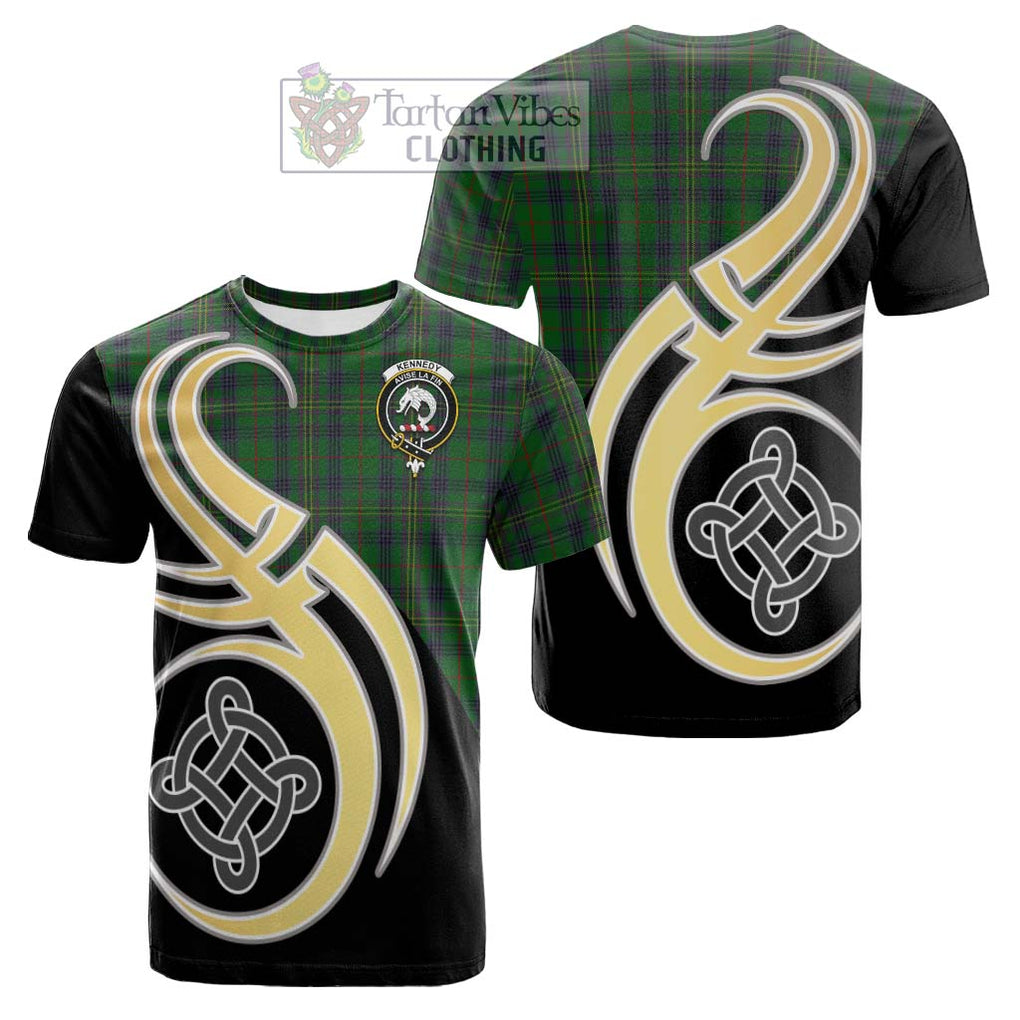 Tartan Vibes Clothing Kennedy Tartan Cotton T-shirt with Family Crest and Celtic Symbol Style