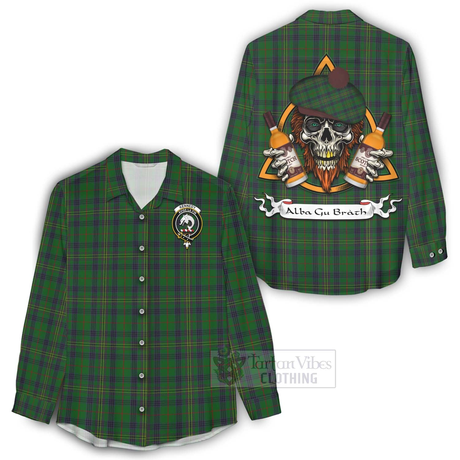 Tartan Vibes Clothing Kennedy Tartan Women's Casual Shirt with Family Crest and Bearded Skull Holding Bottles of Whiskey