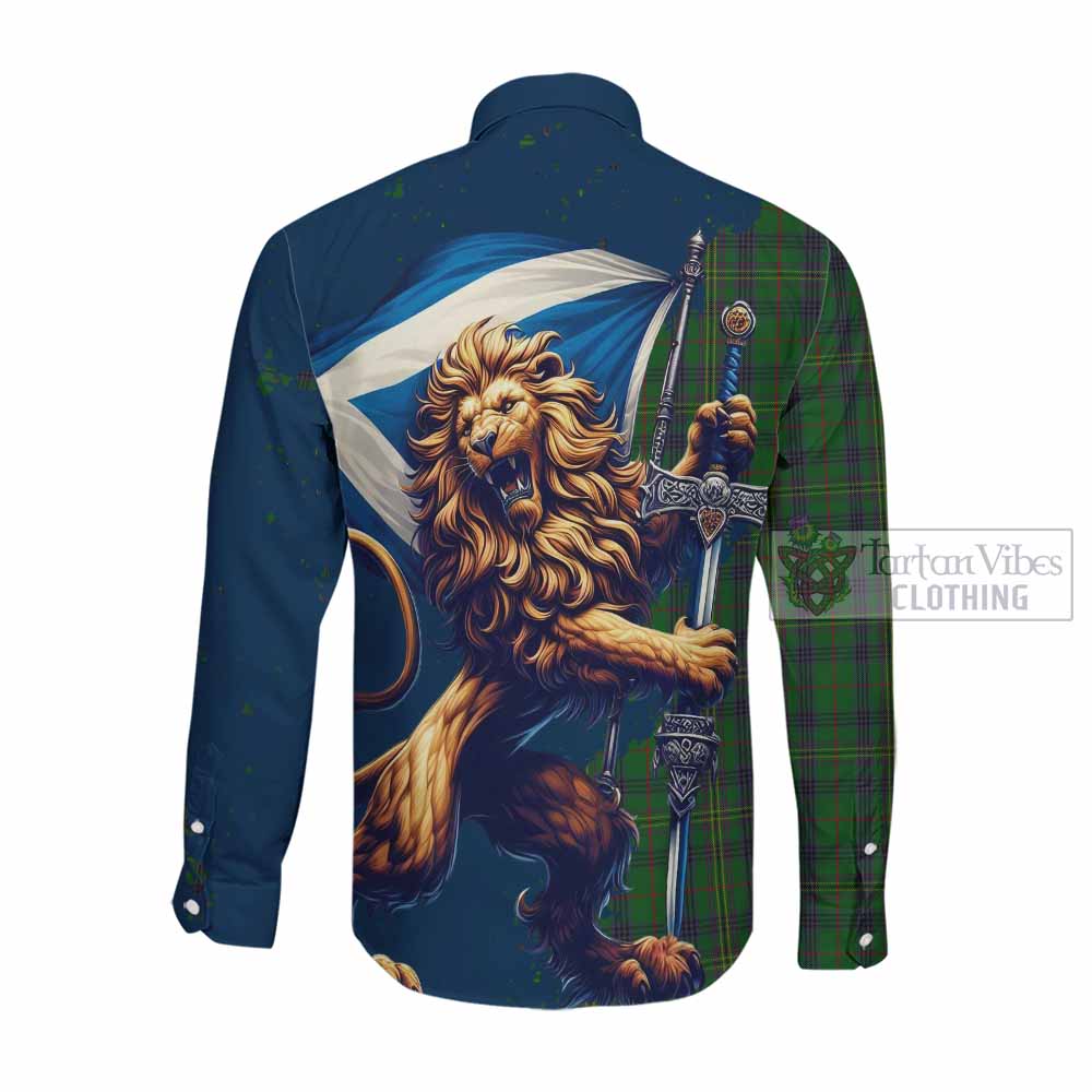 Tartan Vibes Clothing Kennedy Tartan Family Crest Long Sleeve Button Shirt with Scottish Majestic Lion