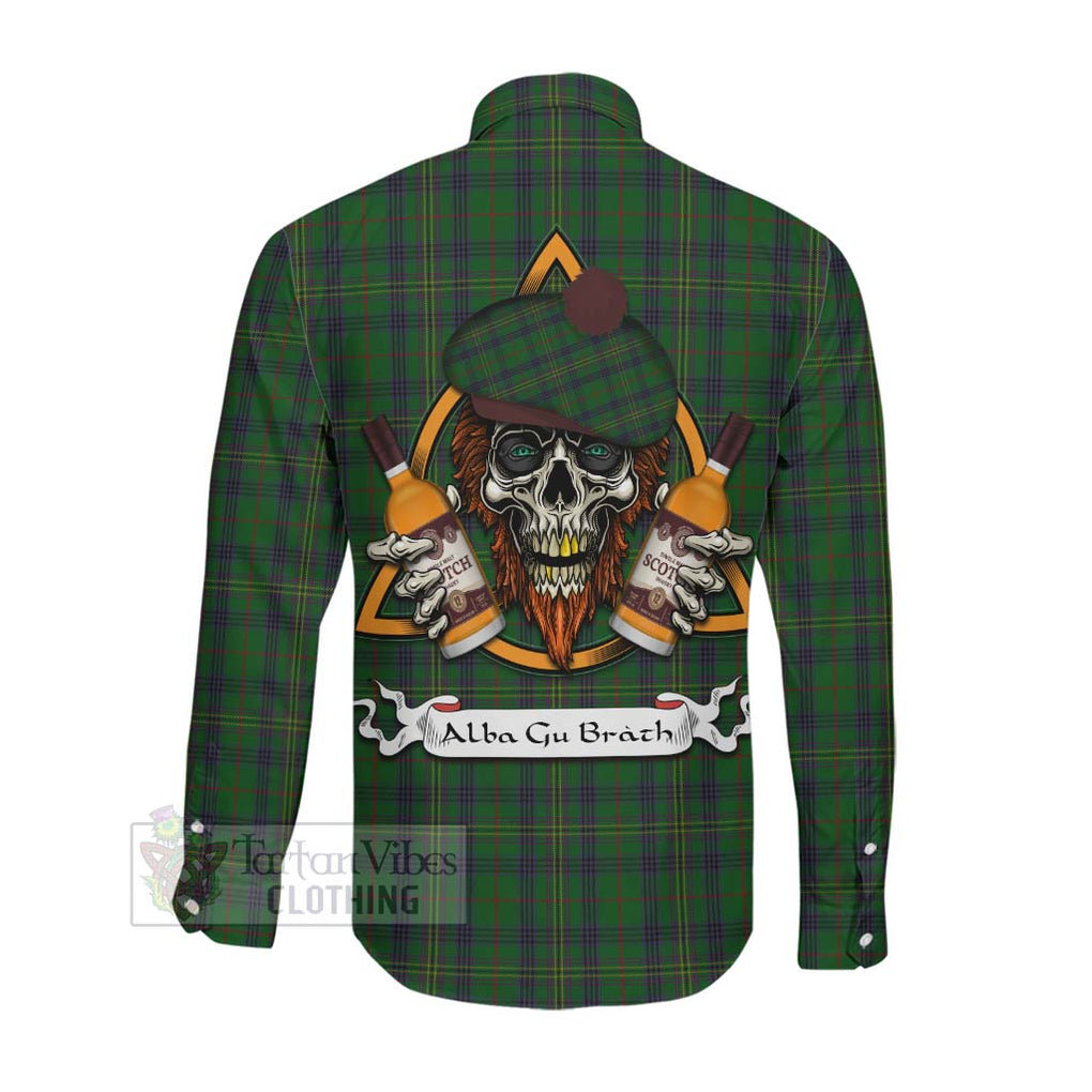 Tartan Vibes Clothing Kennedy Tartan Long Sleeve Button Shirt with Family Crest and Bearded Skull Holding Bottles of Whiskey