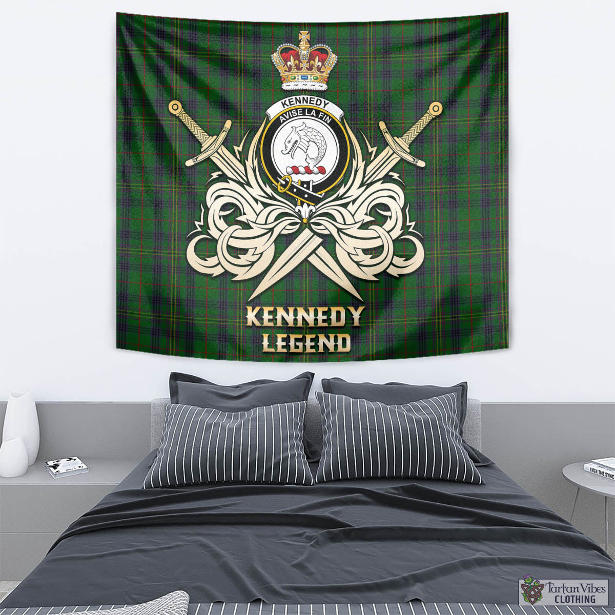 Tartan Vibes Clothing Kennedy Tartan Tapestry with Clan Crest and the Golden Sword of Courageous Legacy