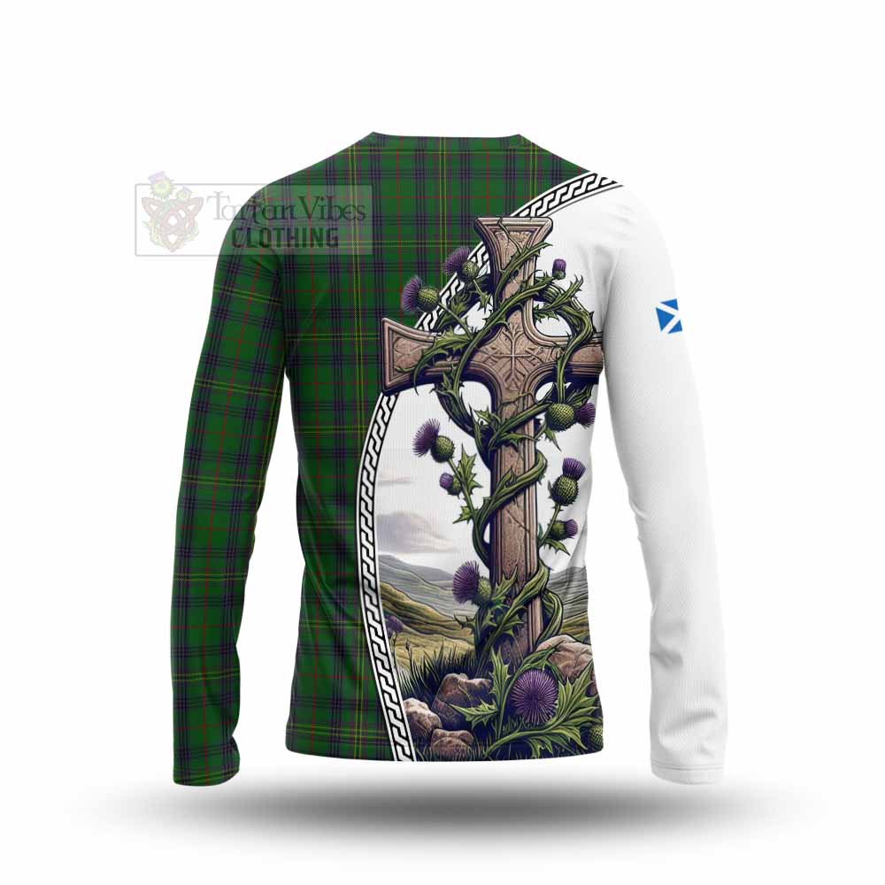 Tartan Vibes Clothing Kennedy Tartan Long Sleeve T-Shirt with Family Crest and St. Andrew's Cross Accented by Thistle Vines