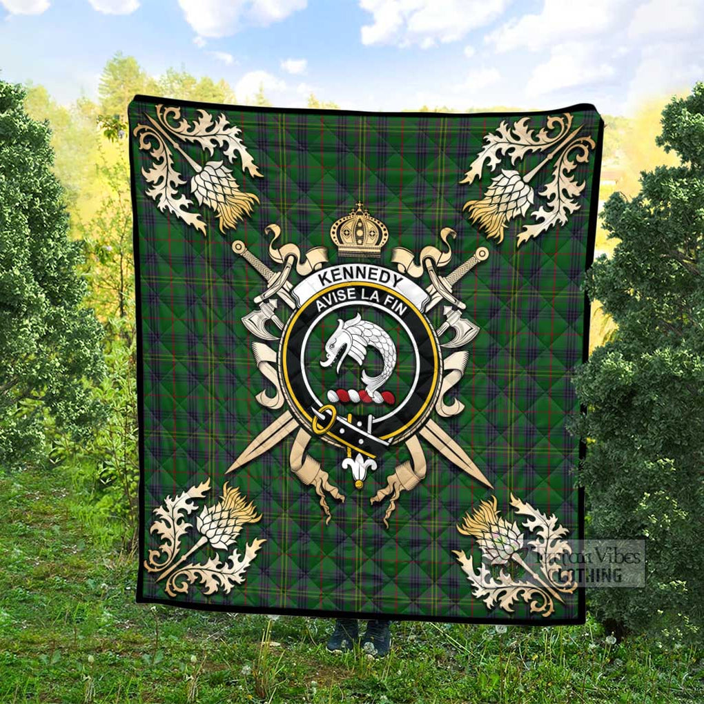 Tartan Vibes Clothing Kennedy Tartan Quilt with Family Crest and Scottish Golden Courage Shield