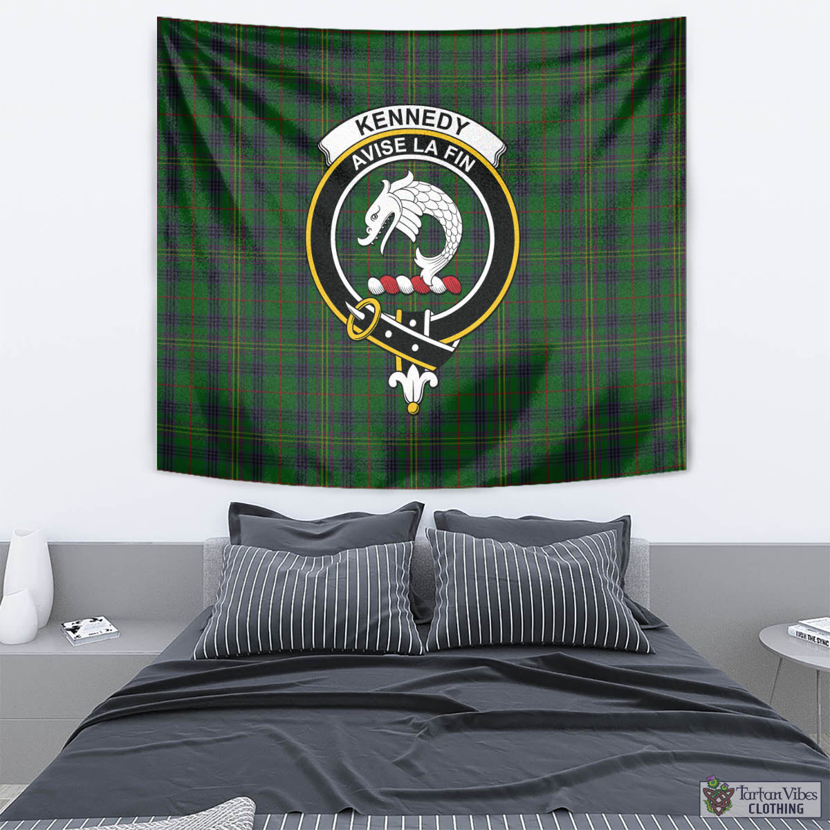 Tartan Vibes Clothing Kennedy Tartan Tapestry Wall Hanging and Home Decor for Room with Family Crest