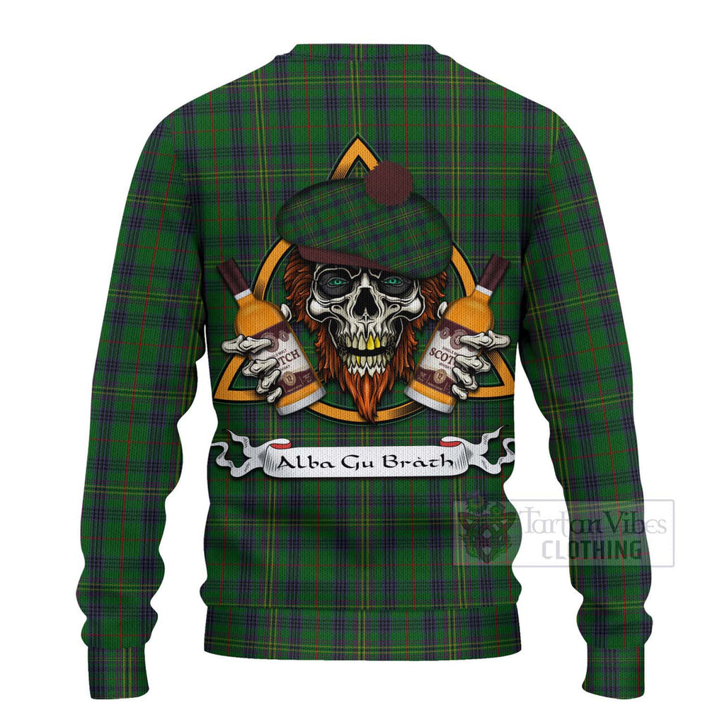 Tartan Vibes Clothing Kennedy Tartan Knitted Sweater with Family Crest and Bearded Skull Holding Bottles of Whiskey