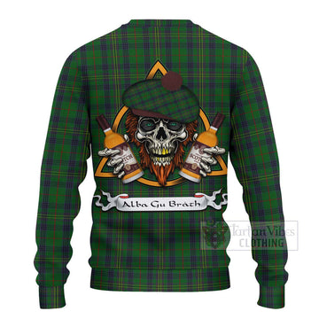 Kennedy Tartan Ugly Sweater with Family Crest and Bearded Skull Holding Bottles of Whiskey