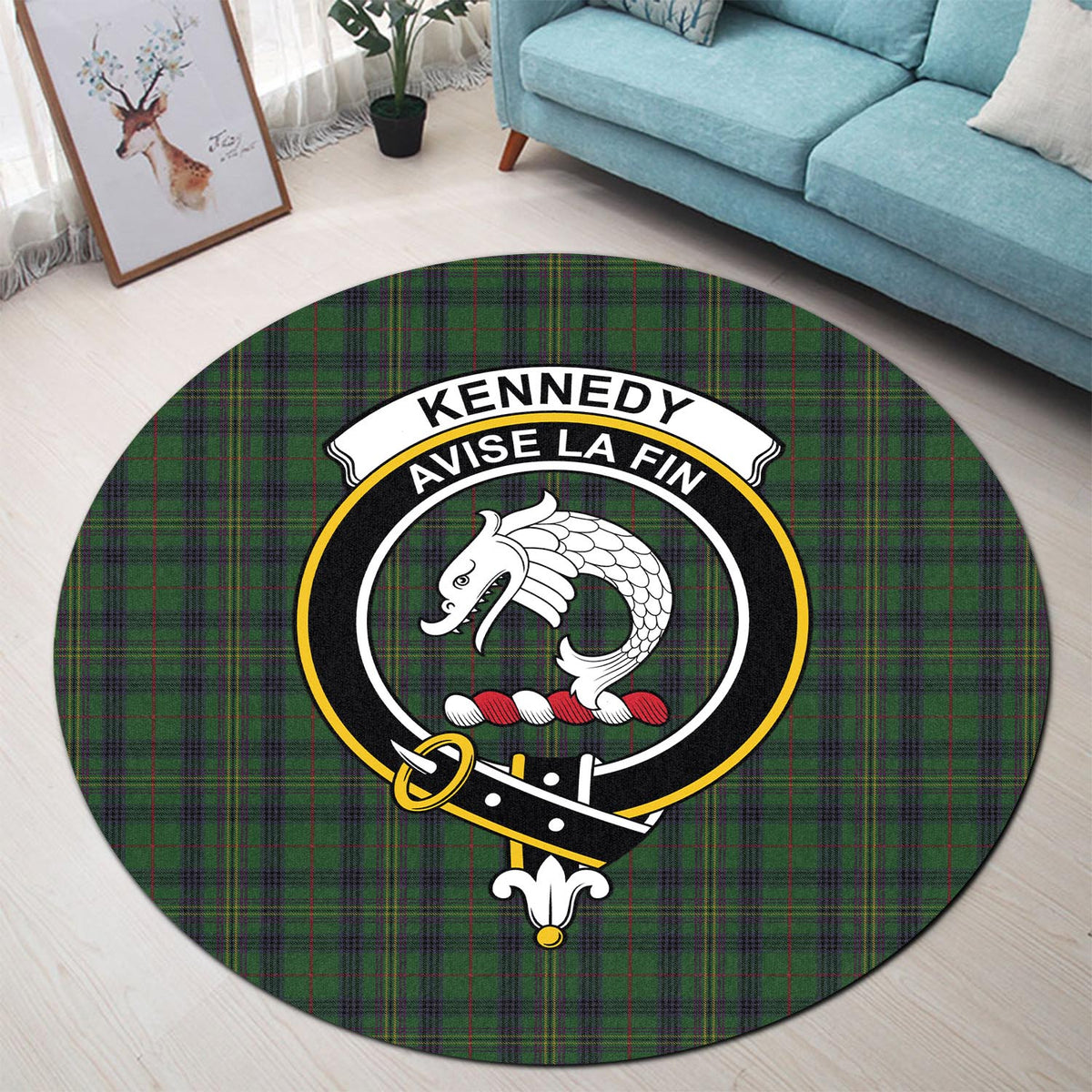 Kennedy Tartan Round Rug with Family Crest - Tartan Vibes Clothing