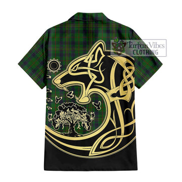 Kennedy Tartan Short Sleeve Button Shirt with Family Crest Celtic Wolf Style