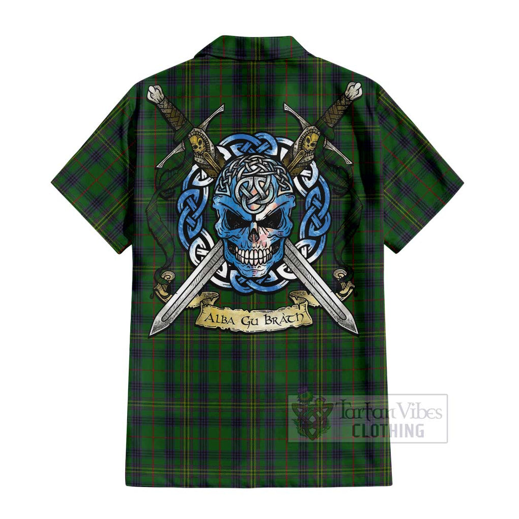 Tartan Vibes Clothing Kennedy Tartan Short Sleeve Button Shirt with Family Crest Celtic Skull Style