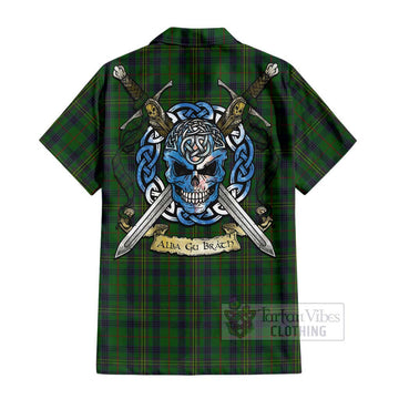 Kennedy Tartan Short Sleeve Button Shirt with Family Crest Celtic Skull Style