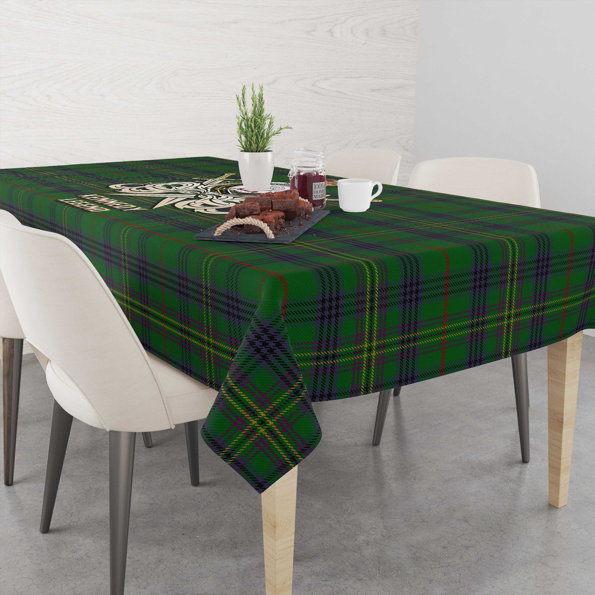 Tartan Vibes Clothing Kennedy Tartan Tablecloth with Clan Crest and the Golden Sword of Courageous Legacy