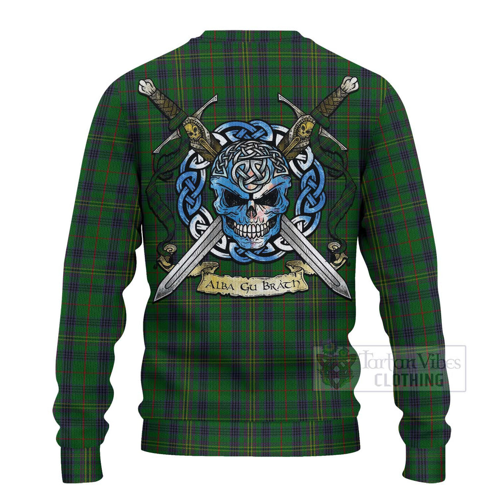 Tartan Vibes Clothing Kennedy Tartan Knitted Sweater with Family Crest Celtic Skull Style