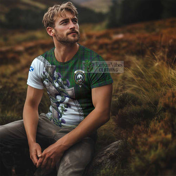 Kennedy Tartan T-Shirt with Family Crest and St. Andrew's Cross Accented by Thistle Vines