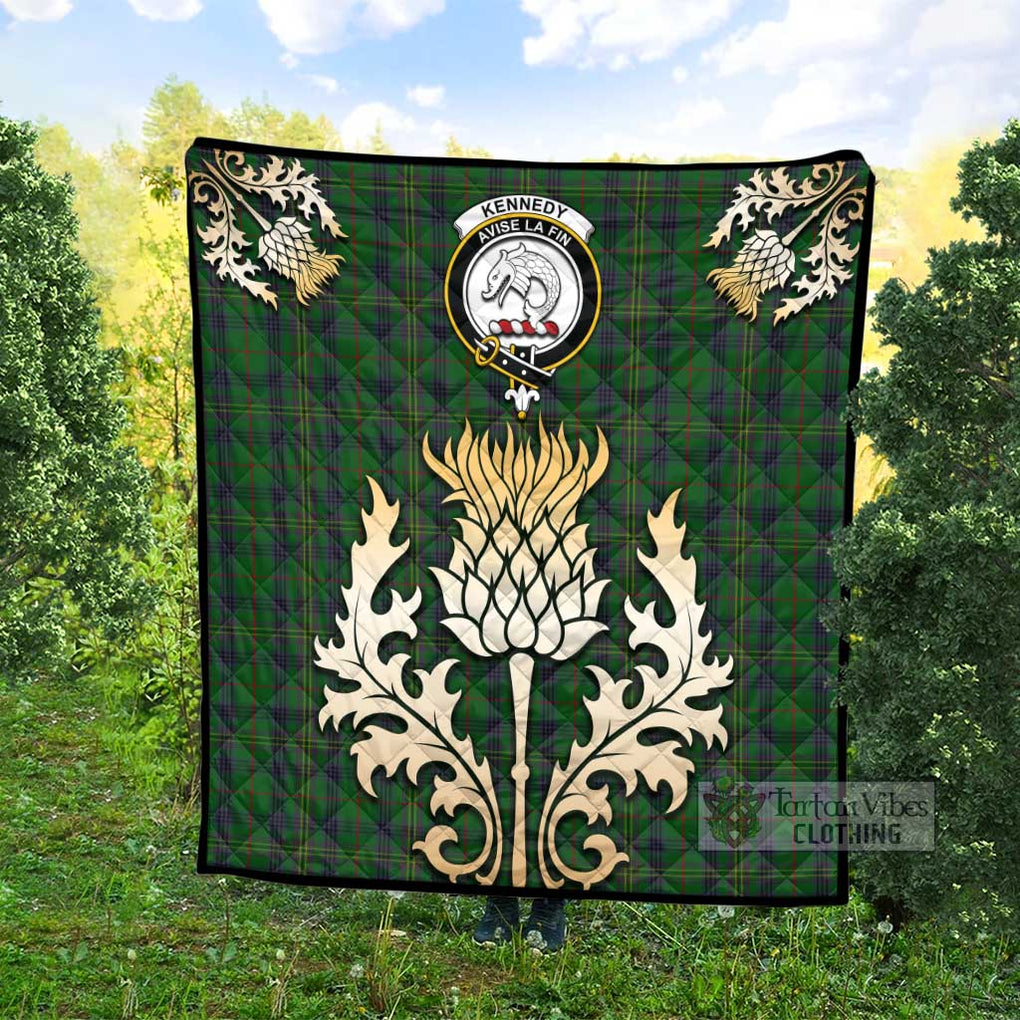 Tartan Vibes Clothing Kennedy Tartan Quilt with Family Crest and Golden Thistle Style